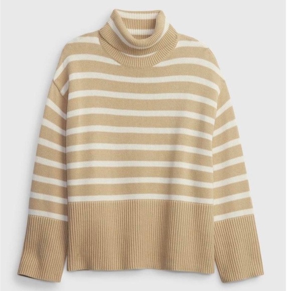 GAP 24/7 Split Hem Turtleneck Cotton Sweater Tan and White Stripe, size Small - Picture 2 of 7